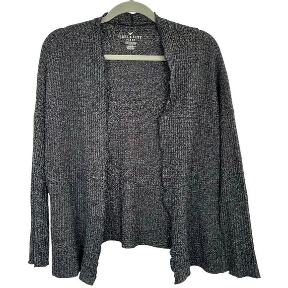 American Eagle Soft & Sexy Plush Gray Boxy Open Front Ruffle Cardigan Women's M - Picture 1 of 12